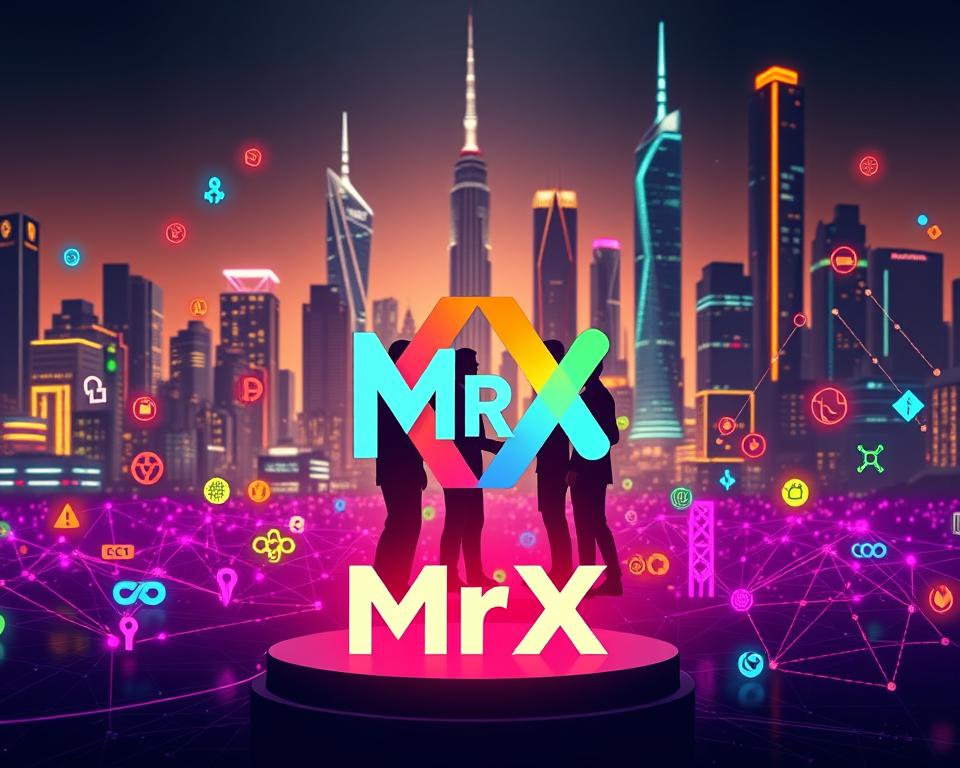 A vibrant, next-gen coin ecosystem filled with dynamic collaborations. In the foreground, the MrX logo stands prominently, surrounded by a diverse array of colorful, interlocking blockchain icons, symbolizing the interconnected nature of the platform. In the middle ground, software developers and entrepreneurs shake hands, signifying the cooperative spirit that drives the ecosystem. The background features a futuristic cityscape, with towering skyscrapers and glowing neon lights, hinting at the technological advancements that power the next generation of digital currencies. The scene is illuminated by a warm, ambient lighting, conveying a sense of progress and innovation. A vibrant, next-gen coin ecosystem filled with dynamic collaborations. In the foreground, the MrX logo stands prominently, surrounded by a diverse array of colorful, interlocking blockchain icons, symbolizing the interconnected nature of the platform. In the middle ground, software developers and entrepreneurs shake hands, signifying the cooperative spirit that drives the ecosystem. The background features a futuristic cityscape, with towering skyscrapers and glowing neon lights, hinting at the technological advancements that power the next generation of digital currencies. The scene is illuminated by a warm, ambient lighting, conveying a sense of progress and innovation.
