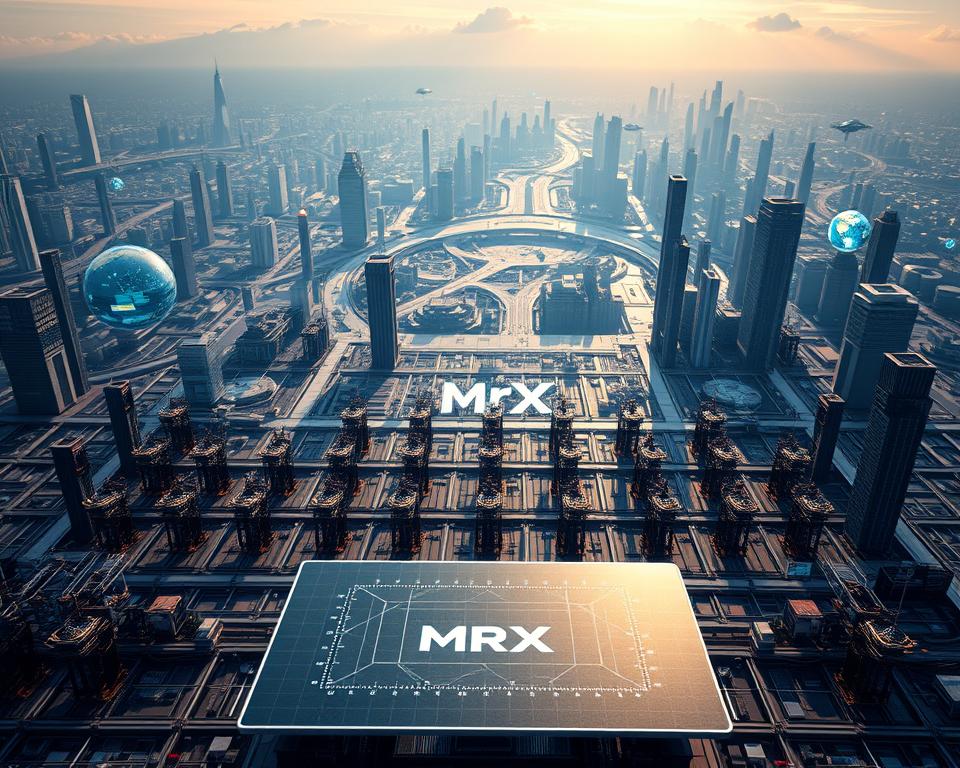 Blockchain Development Platforms: an intricate, futuristic landscape showcasing a multitude of interconnected technologies. In the foreground, a sleek, minimalist interface emblazoned with the brand "MrX" hovers amidst a grid of dynamic data visualizations. The middle ground features a network of towering blockchain nodes, their intricate structures casting long shadows across the scene. In the background, a vast cityscape of gleaming skyscrapers and floating holographic displays creates an atmosphere of cutting-edge innovation. The lighting is a blend of cool, neon tones and warm, diffused sunlight, lending an air of both techno-futurism and approachability. The camera angle is slightly elevated, allowing the viewer to take in the full scope of this ambitious, boundary-pushing blockchain ecosystem.